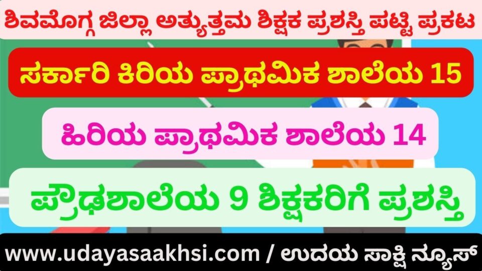 ಶಿವಮೊಗ್ಗ ಜಿಲ್ಲಾ ಅತ್ಯುತ್ತಮ ಶಿಕ್ಷಕ ಪ್ರಶಸ್ತಿ ಪಟ್ಟಿ ಪ್ರಕಟ ಸರ್ಕಾರಿ ಕಿರಿಯ ಪ್ರಾಥಮಿಕ ಶಾಲೆಯ 15, ಹಿರಿಯ ಪ್ರಾಥಮಿಕ ಶಾಲೆಯ 14, ಪ್ರೌಢಶಾಲೆಯ 9 ಶಿಕ್ಷಕರಿಗೆ ಪ್ರಶಸ್ತಿ