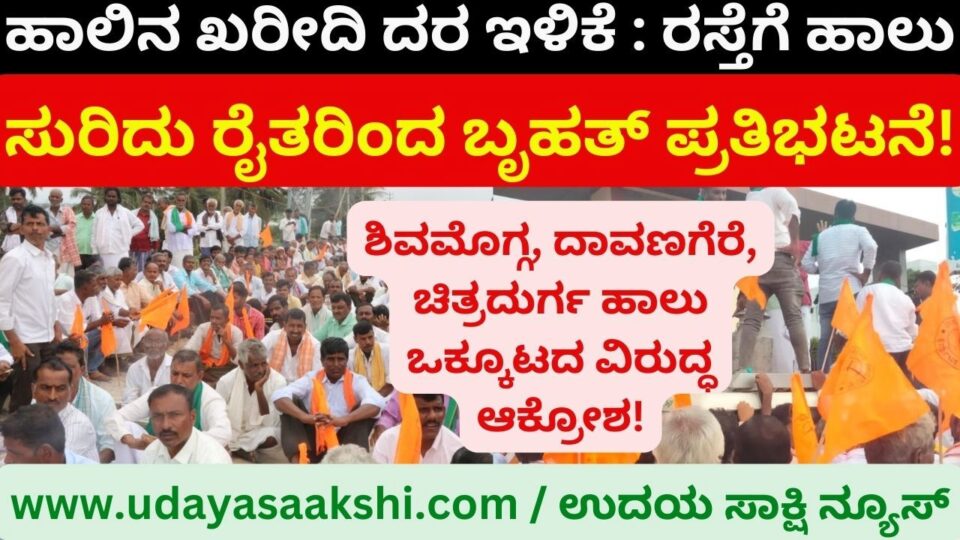 Outrage against Shimoga, Davangere, Chitradurga Milk Union Reduction in purchase price of milk: Massive protest by farmers pouring milk on the road! ಶಿವಮೊಗ್ಗ, ದಾವಣಗೆರೆ, ಚಿತ್ರದುರ್ಗ ಹಾಲು ಒಕ್ಕೂಟದ ವಿರುದ್ದ ಆಕ್ರೋಶ ಹಾಲಿನ ಖರೀದಿ ದರ ಇಳಿಕೆ : ರಸ್ತೆಗೆ ಹಾಲು ಸುರಿದು ರೈತರಿಂದ ಬೃಹತ್ ಪ್ರತಿಭಟನೆ!