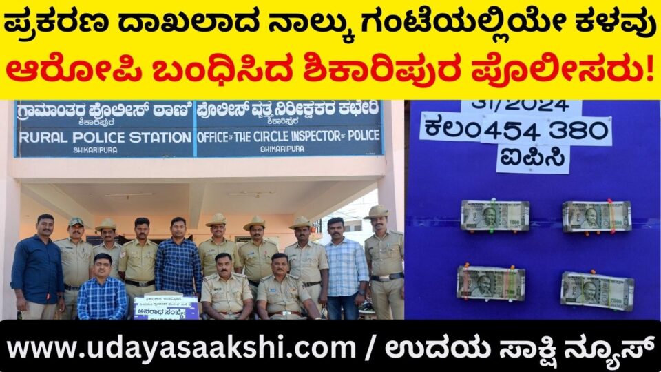 Shikaripura police arrested the theft accused within four hours of filing the case! ಪ್ರಕರಣ ದಾಖಲಾದ ನಾಲ್ಕು ಗಂಟೆಯಲ್ಲಿಯೇ ಕಳವು ಆರೋಪಿ ಬಂಧಿಸಿದ ಶಿಕಾರಿಪುರ ಪೊಲೀಸರು!